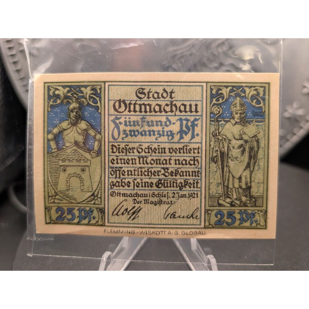 1921 Ottmachau Notgeld • 25 Pfennig • Historic German Emergency Note